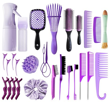 28Pcs Hair Comb & Detangling Brush Set for Women – Professional Curly Hair Styling Kit with Spray Bottle, Sectioning Clips, Edge Brush & More | Salon Tools for All Hairs - 36** (Lilac)