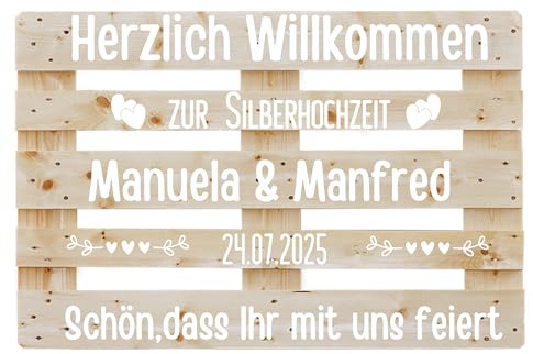 Aufkleber für Palette Silberhochzeit,Palettenaufkleber personalisiert mit Namen und Datum für 25 Jahre Ehe in Schwarz oder Weiß, Klebeschrift für Europalette, Diy Hochzeitspalette, Klebeschrift