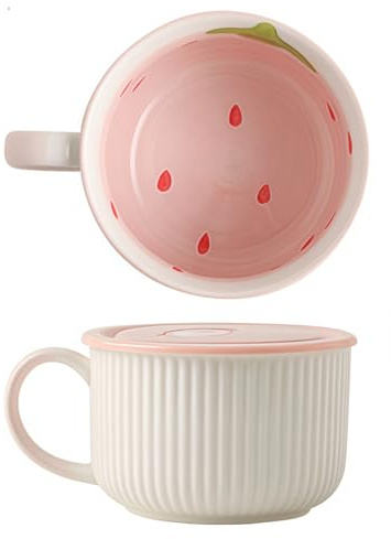 Cute Soup Bowl with Handles and Lid, 900ml Large Ramen Bowl for Instant Noodles Microwave Safe