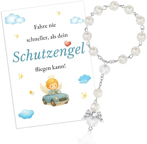 Schutzengel Auto Anhänger, Glücksbringer Auto Deko Innenraum, Autospiegel Anhänger mit Rosenkranz, Schutzengel Geschenk für Neuwagen oder Führerscheinbestandene