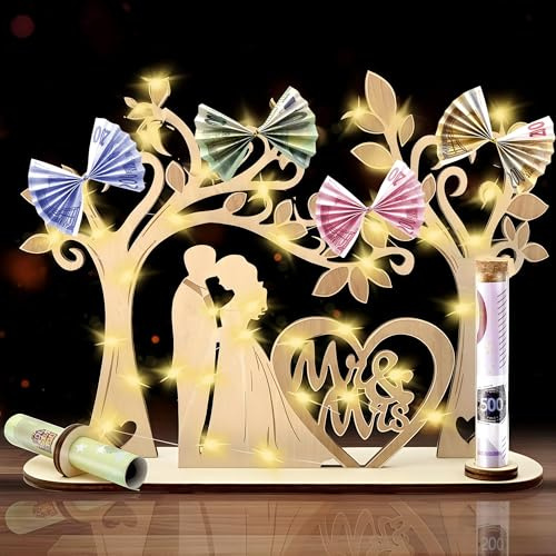 Geldgeschenk Hochzeit Holz mit Lichterketten,hochzeitsgeschenk geldgeschenk,Hochzeitsgeschenke für Brautpaar,Hochzeit Dekorative Geschenk,Herzförmiges Geschenk zum Hochzeit Hochzeitstag (Style 1)