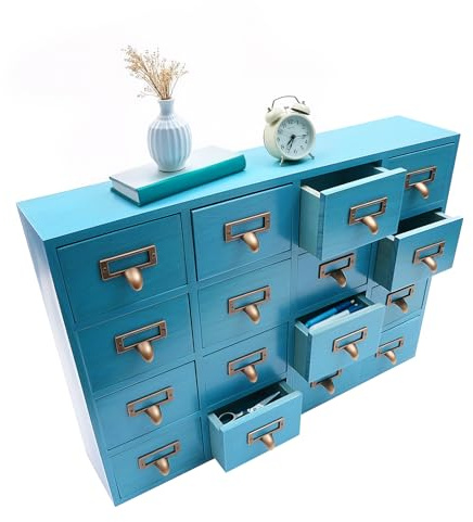 Mini cómoda con 16 cajones de madera, organizador de escritorio, caja de almacenamiento, estilo vintage, armario farmacéutico para casa, oficina, cocina, salón (azul)