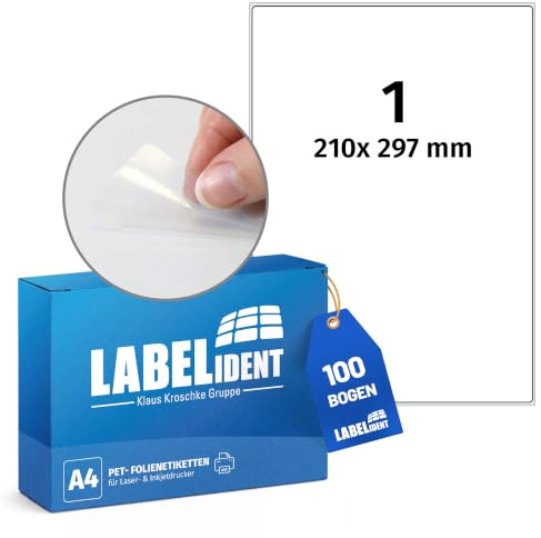Labelident Wetterfeste Folienetiketten auf A4 Bogen, transparent - 210 x 297 mm - 100 Polyester Etiketten auf 100 Bogen, selbstklebende PET Aufkleber, matt