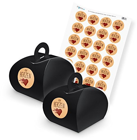itenga SET von HERZEN (Motiv 14) 24x Geschenkschachtel mit Griff schwarz + Stickerbogen