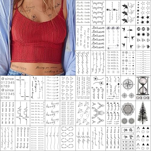 Everjoy realistische Tattoos – 60 Stück, wasserdichte Zitate, Wörter, Linien, Blumen, Blätter, Kunstwerke Erwachsene, Frauen und Männe