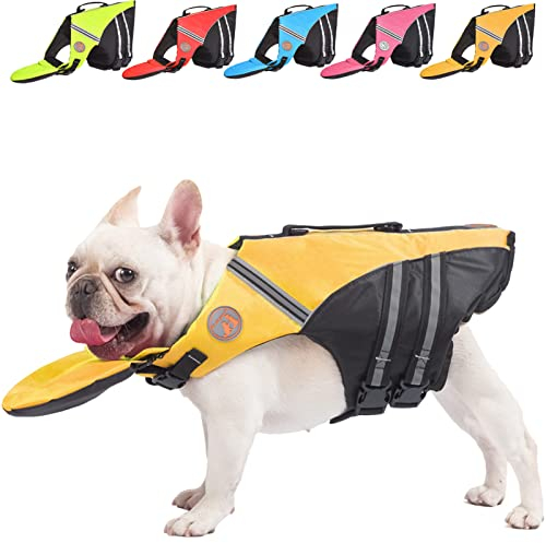 Schwimmweste für Hunde mit französischer Bulldogge, hohe Flotation, zum Schwimmen, Bootfahren, reflektierende Hunde-Schwimmweste mit Kinnschwimmer und Rettungsgriff (Brustumfang: 43,2 cm bis 76,2 cm,