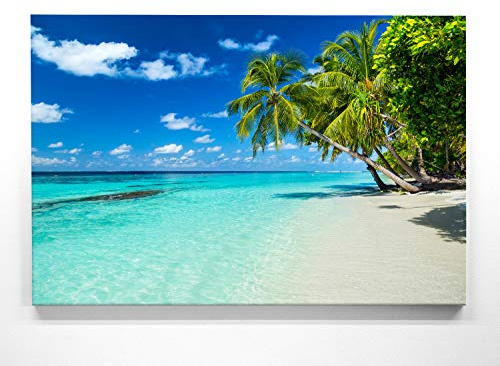 Atemberaubendes Bild Strand & Palmen am Meer - als 200x150cm große XXL Leinwand. Tolles Wandbild als Hintergrund und Deko für Wohnzimmer & Schlafzimmer. Fertig aufgespannt auf 4cm Holz-Keilrahmen