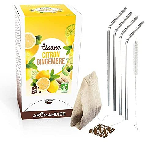 Tisana zenzero e limone biologici 20 bustine + 4 cannucce in acciaio inossidabile