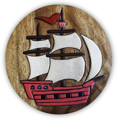 IMAGO Kinderhocker Segelschiff Holz Schemel Kinderstuhl Massivholz bemalt und geschnitzt Höhe 25 cm