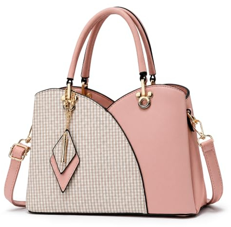 FORRICA Damen Handtasche Mode Kariertes Umhängetasche Frauen Tasche PU Leder Schultertasche mit Rhombus-Anhänger Rosa