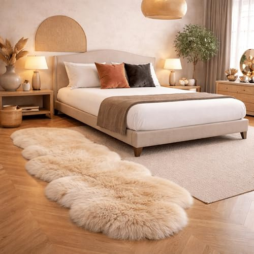 Lammfell Echt Teppich 180 x 60 cm, Schaffell Echt Groß, Naturfell Beige