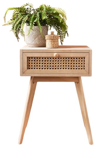 spot on dealz Bedside table with 1 drawer MDF wood frame cabinet With Rattan Decoration wooden legs hallway small side tables for living room (Natural)