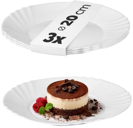 KADAX Dessertteller ∅ 20 cm, 3er Set, einfacher Teller aus gehärtetem Glas, Kuchenteller, Salatteller, runder Frühstücksteller, Essteller, Spülmaschinenfest (Weiß)