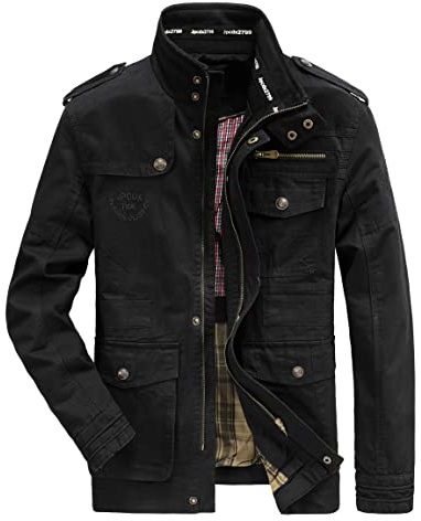 MERCIYD Veste demi-saison cargo pour homme, col montant, en coton, plusieurs poches, style militaire, adaptée à l’hiver, l'automne, décontractée, coupe-vent, Noir , XXL