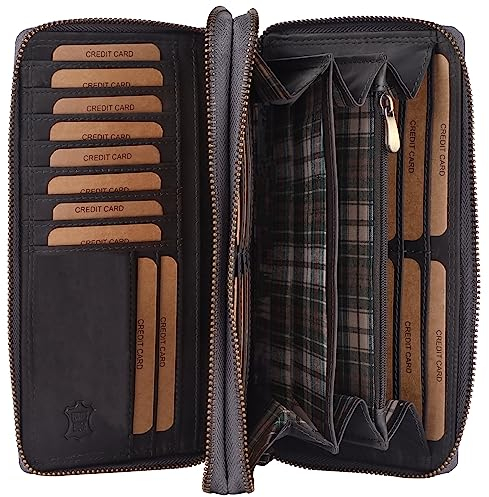 Benthill Geldbörse Damen Gross Echt Leder | Portemonnaie Damen Groß mit RFID Schutz | Geldbeutel aus hochwertigem Rindsleder mit vielen Kartenfächer inkl. Geschenkbox, Farbe:Grau