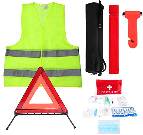 CAMUSBR 4 in 1 Verbandskasten Auto, Erste Hilfe Set Auto 2024, Sicherheit Notfallset mit Faltbarem Reflektierendem Warndreieck KFZ Warnweste Verbandskasten Sicherheitshammer Auto zubehör