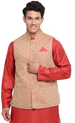 Fabindia Nehru herr chino-krage linnejacka, guld, XS