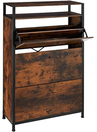 tectake® Skoskåp Hall, Industriell Design, Två Hyllor, Tre Fällbara Fack, Stabil Spånskiva, Hatt och Skohylla med Trälook Melaminbeläggning, Skoförvaring Hall, Snabb Montering - 81 cm - Mörkt Trä