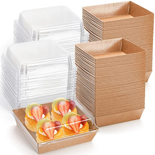Hiceeden 100 Pack Charcuterie Boxes with Clear Lids, 5.4×5×2.5 Paper Bakery Dessert Sandwich Box, Disposable Square Food Containers for Cookies, Donuts, Muffins, Salad, and Pastry, Brown