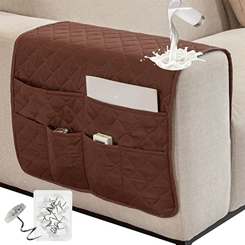 SHUOJIA Armlehnenbezüge,Armlehnenschoner Wasserdichter,mit 6 Taschen für Couch oder Sessel Bett Storage TV Fernbedienung Halterung (Plaid-Brown)