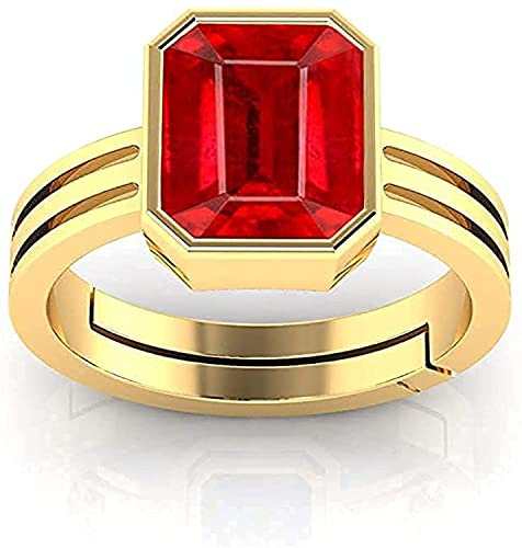 JEMSPRIME 5.25 Ratti Natürlicher Rubin-Manik-Ring, loser Edelstein, vergoldet, Geburtsstein, Astrologie, Rashi Ratan, verstellbarer Ring für Damen und Herren, Messing, Rubin, Messing, Rubin