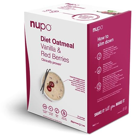 NUPO Diet Oatmeal Vainilla y Bayas rojas - Comida Dietética Premium para el Control de Peso I Sustituto Completo de la Comida para el Control de Peso I 12 Raciones I Sin OMG