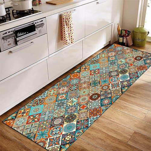 Siunwdiy Teppich Läufer Flur rutschfest 50x160cm Küchenläufer Waschbar Bunter Türkis Korridor Teppichläufer Lang Küchenteppich Für Küche Wohnzimmer Schlafzimmer Teppichläufer Meterware Anpassbar
