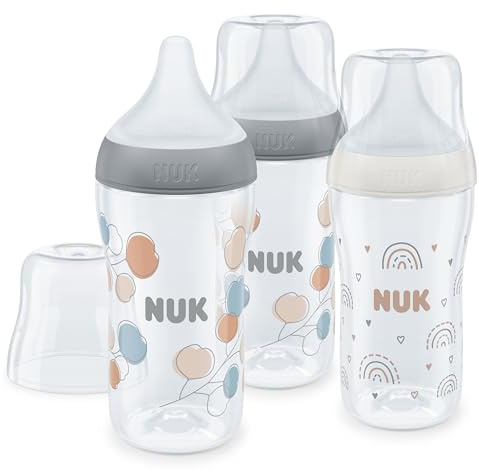 NUK Set biberon Perfect Match | 3+ mesi | Si adatta al palato del bambino | Controllo temperatura | Sfiato anti-colica | 260 ml | Senza BPA | Tettarella media in silicone | Arcobaleno e fiocco | 3 pz