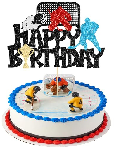 Tortenaufsatz Happy Birthday, Glitzer, Eishockeyspieler, Sportthema, Kuchendekoration für Babyparty, Jungen, Mädchen, Geburtstagsparty, Schwarz, 1 Stück