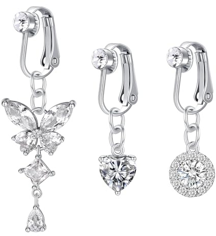 CIZME 3-teiliges Set gefälschter Nabelringe, Edelstahl Silber Nabelstreifen, ohne Loch Nabelclip, mit Schmetterlingsanhänger, herzförmiger perforierter Schmuck