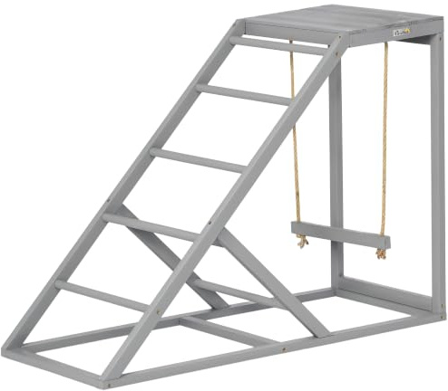 PawHut Chicken Activity Play Set Swing Climbing Frame Grey | Platform for 2 Chickens, Chicken Coop Toy with Ladder, Hens