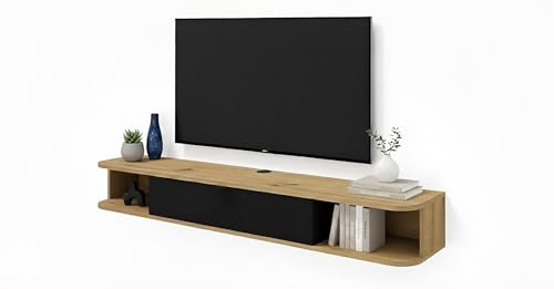 Homlando Lowboard TV, Hängender Fernsehschrank mit Klapptüren, TV Wandboard, Hängeschrank, TV Schrank Icarus 156 x 29 x 20 cm Artisan Eiche und Schwarz Matt