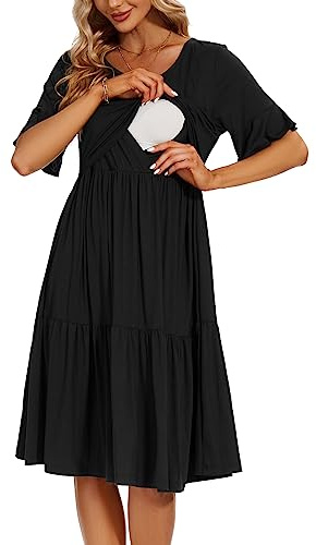 Smallshow Vestidos Boda Lactancia Mujer Manga Corta Vestido Premama,Black,S