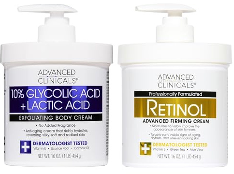 Advanced Clinicals Retinol Body Cream Moisturizer + Exfoliating 10% Glycolic Acid & Lactic Acid Lotion 2PC Skincare Set For Women & Men To Reduce Appearance Of Crepey Skin & Uneven Rough Skin Texture