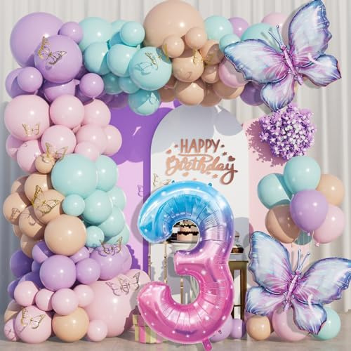WINAROI 3 Jahre Geburtstag Deko, Schmetterlinge Deko geburtstag Mädchen 3 Jahre, Luftballon Girlande Schmetterling Lila, Schmetterling Party Set zum 3. geburtstag des Mädchens