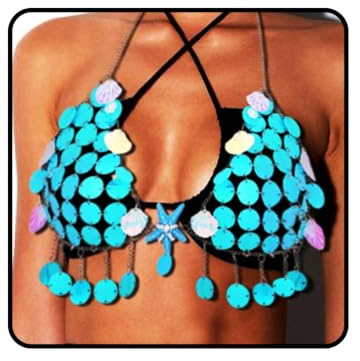 Ushiny Muschel Bikini Ketten BH blauer Pailletten BH Kettenhemd Seestern Rave Accessoires Strandquaste Körperkette für Frauen und Mädchen