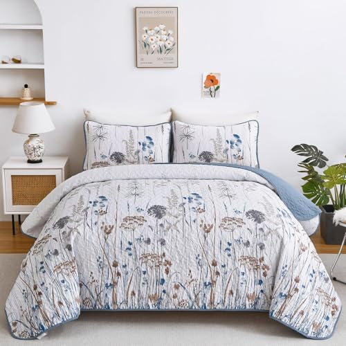 Dobuyly Blue Quilt Queen Size Floral Botanical Queen Quilt Bedding Set 3 Pieces Soft Lightweight Microfiber Brown Flower Bedspread Coverlet Set for All Season, 96x90