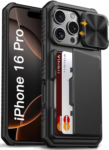 Vihibii for iPhone 16 Pro Case Wallet with Card Holder (4 Cards), Black | [RFID Blocking] & Slide Camera Cover, Military Grade Drop Protection, Rugged Hard Back & Silicone Edge Phone Case, 6.3 2024