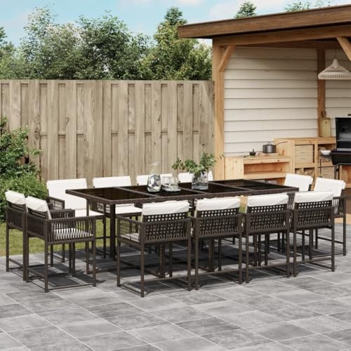 Somanki 13-TLG. Garten-Essgruppe mit Kissen Braun Poly Rattan, Esstisch Mit Stühlen Set, Gartenmöbel Sitzgruppe, Balkon Möbel, Gartenlounge Set, Terrassenmöbel, Balkonmöbel Set - 3211581