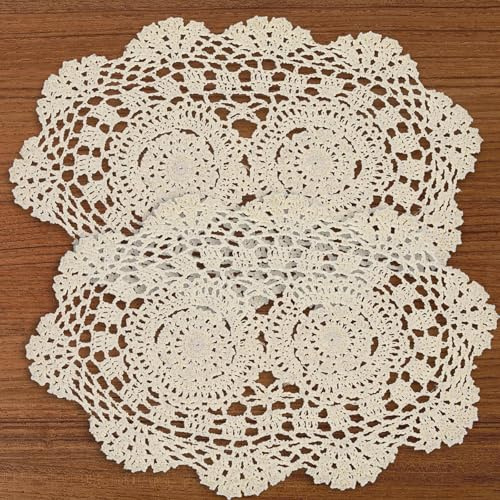Beige Lace Doilies 2Pcs Handmade Cotton Crochet Doilies Placemats Knitted Coasters Oval Shape Doily for Furniture Table Overlay, 9.8 x 13.8 inch