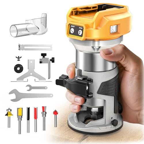 Défonceuse compacte sans fil pour batterie DeWalt 20 V (outil nu), 6 vitesses variables pour le travail du bois, 800 W 30 000 tr/min, base fixe avec embouts, guide de bord et rouleau, capot