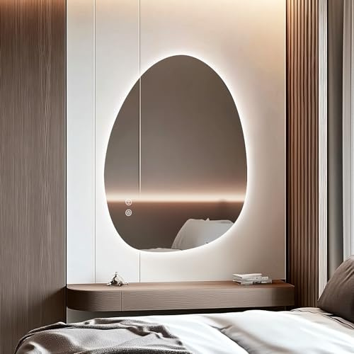 Youyijia Spiegel Mit Beleuchtung, 60 X 45 cm Asymmetrischer Badspiegel Mit Beleuchtung Mit Touch-Schalter, Dimmbar, Beschlagfrei, 3 Lichtfarbe Einstellbare, Badezimmerspiegel, Badezimmer Spiegel