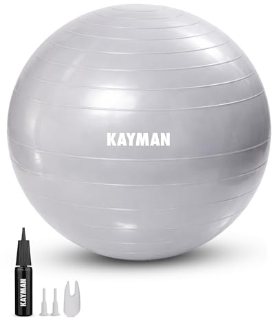 KAYMAN Exercise Ball - Anti-Burst System, Non-Slip Rings, Durable Material, Easy to Inflate, Perfect for Yoga, Pilates, Fitness, Balance Training, Gym, and Home Workouts (Grey, 75cm)