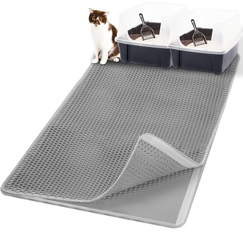 Casgee Katzenklo Matte 120x70CM, Katzenstreu Matte Doppelte Schichte, Katzenmatte Katzenklo mit Klettverschluss, wasserdichte Non-Slip Matte Katzentoilette, Waben EVA matte katzenklo unterleger, Grau