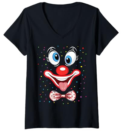 Damen Karnevalskostüm Fasching Kostüm Lustige Clown konfetti T-Shirt mit V-Ausschnitt