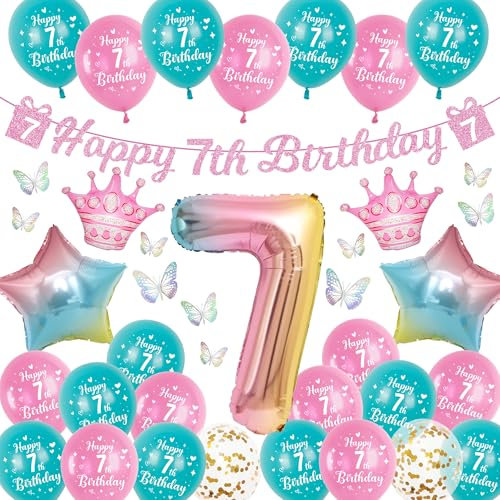 Luftballon Deko 7. Geburtstag für Mädchen - 40 Stück Rosa Geburtstagsdeko Set mit Happy Birthday Girlande, Bunt 3D Schmetterlinge und Zahlenballons für das 7 Jahre Kindergeburtstag
