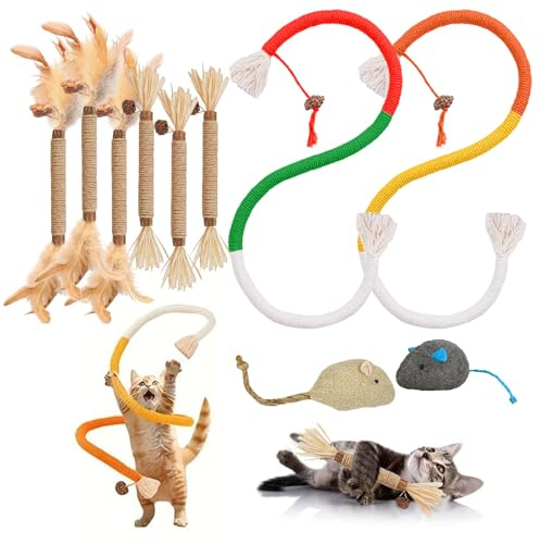 YADOBIG Lot de 10 Jouet Chat avec 2 Cordes à Mâcher, 6 Jouet Bâton d'herbe à Chat et 2 Jouets pour Souris, pour Nettoyer Les Dents et Soulager Le Stress（4 Types）