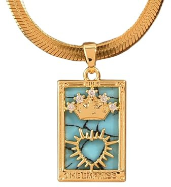 Tarotkort Kejsarinna Halsband Emalj Turkos Amulett Halsband,Mirakulösa Medaljong Koncept Kubisk Zirkoniumoxid Talisman Tarot Halsband
