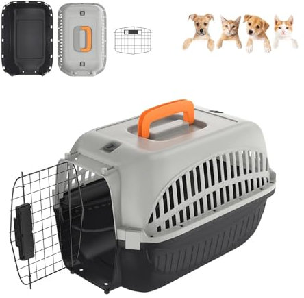 UISEBRT Katzentransportbox, Tiertransportbox für Kleine Haustiere/Katzen/Hunde/Kaninchen bis 10 kg, Transportbox Katze mit Metalltür Vorne Transportbox Hund, Schwarz + Grau