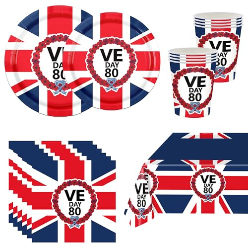 Ve Day 80th Anniversary Tablecloths Paper Plates,69Pcs Ve Day Party Tableware Set,Paper Plates for Liberation Day,Union Jack Plates,TableCloth,Napkins,Cups for 2025 VE DAY 80th Anniversary Party Decor